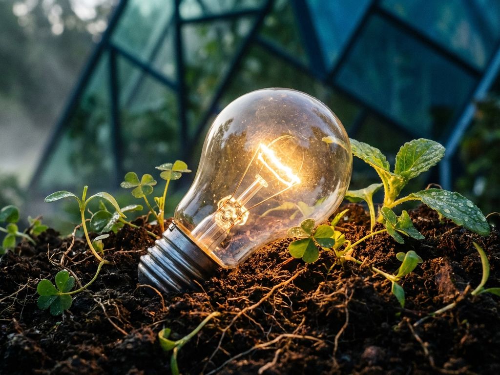 Glowing lightbulb emerging from dark soil with green sprouts, symbolizing sustainable business innovation and growth.
