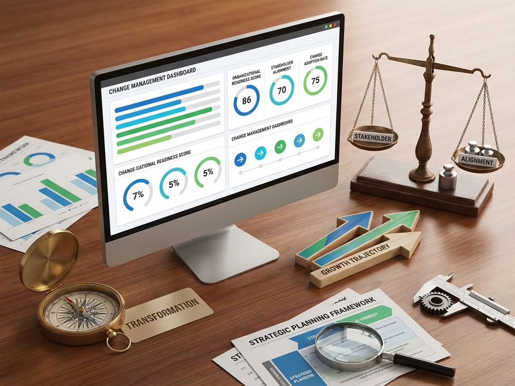 Digital dashboard displaying organizational readiness metrics with compass, scales, and growth arrows for change management