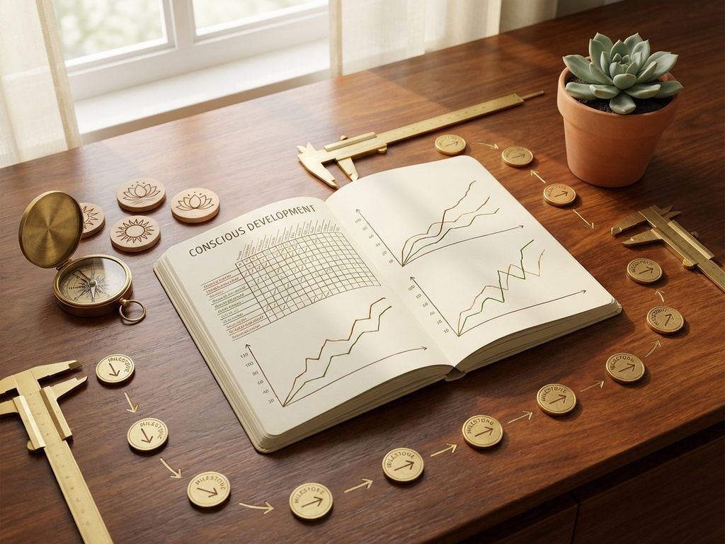 Wooden desk with open journal containing progress charts, compass, small plant, and measuring tools in warm morning light.