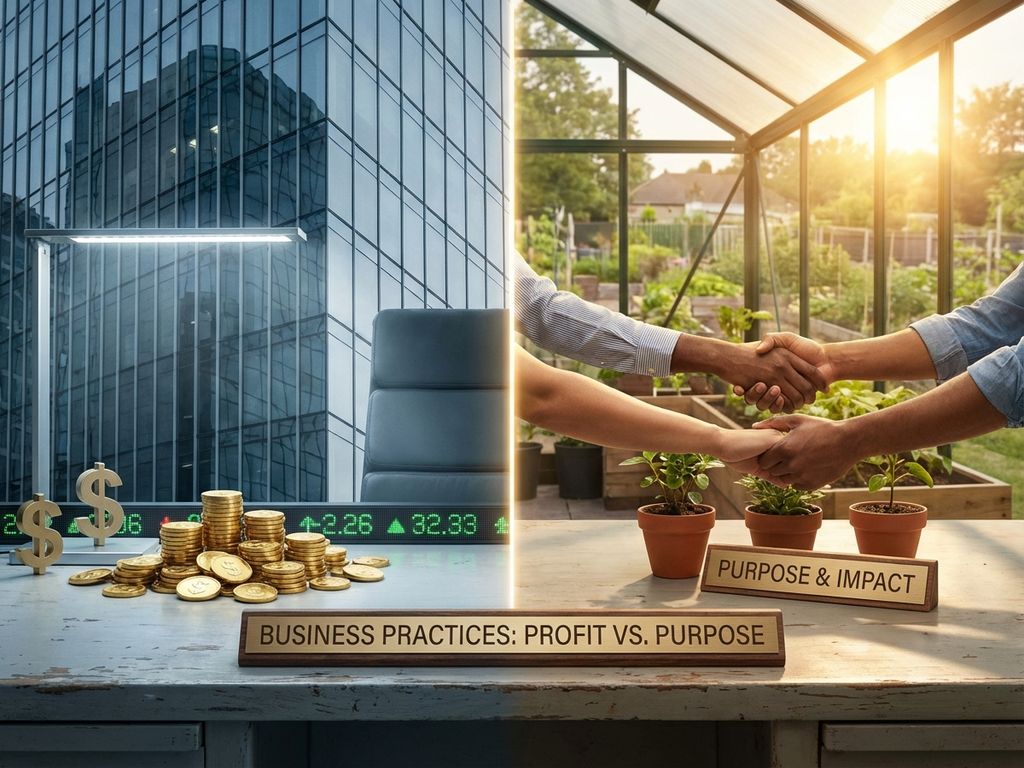 Split-scene showing profit-focused corporate skyscrapers and gold coins on left versus purpose-driven green landscape with hands on right.