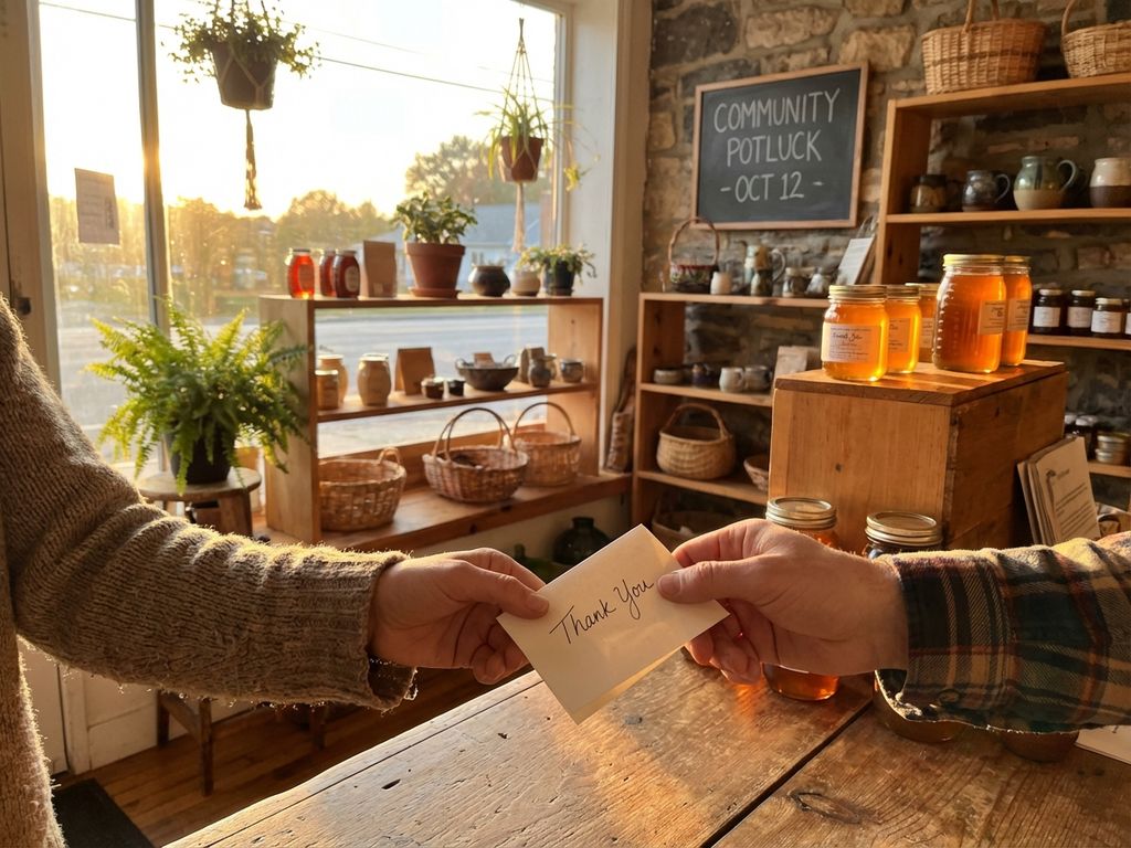 Hands exchanging handwritten thank-you note across wooden counter in warm small business storefront with community products