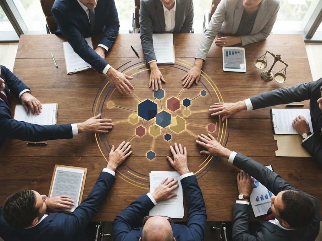 Overhead view of hands reaching toward center of wooden boardroom table with colorful geometric shapes showing stakeholder connections