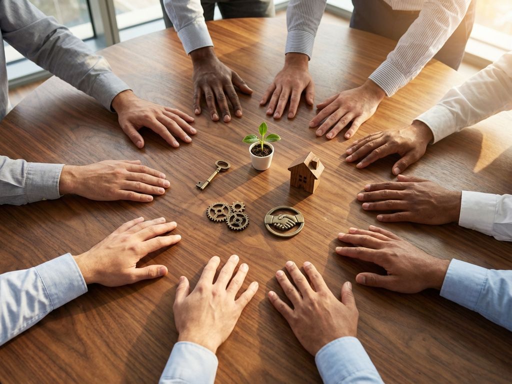 Diverse hands reaching toward center of wooden conference table, each holding symbolic objects representing stakeholders in collaboration.