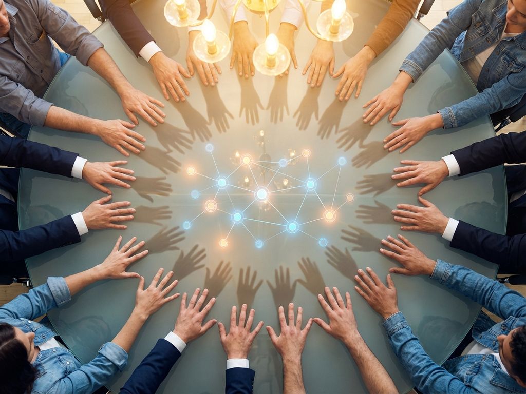Diverse hands in business and casual attire reach toward glowing holographic network on modern conference table from above.
