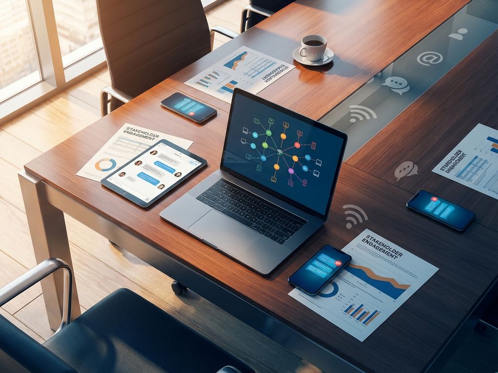 Modern conference table with laptop showing network diagrams, tablet, smartphones, and stakeholder charts for business meeting