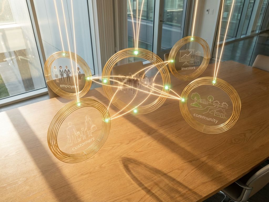 Golden interconnected circles with stakeholder silhouettes floating above wooden conference table, connected by light beams.
