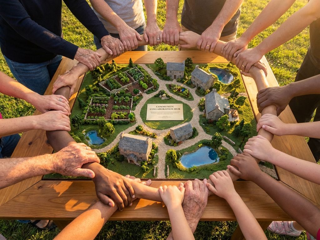Diverse hands forming protective circle around miniature community with buildings and green spaces in golden hour lighting