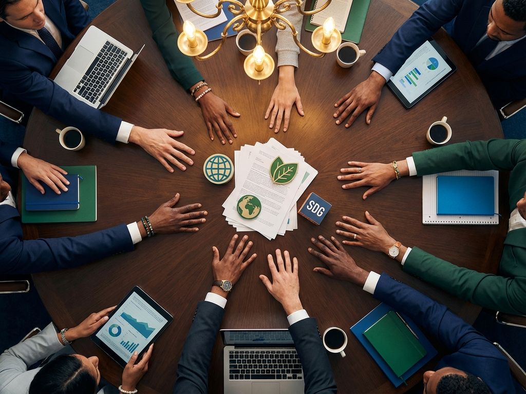 Diverse hands reaching toward center of conference table with business documents and sustainability icons in collaborative meeting