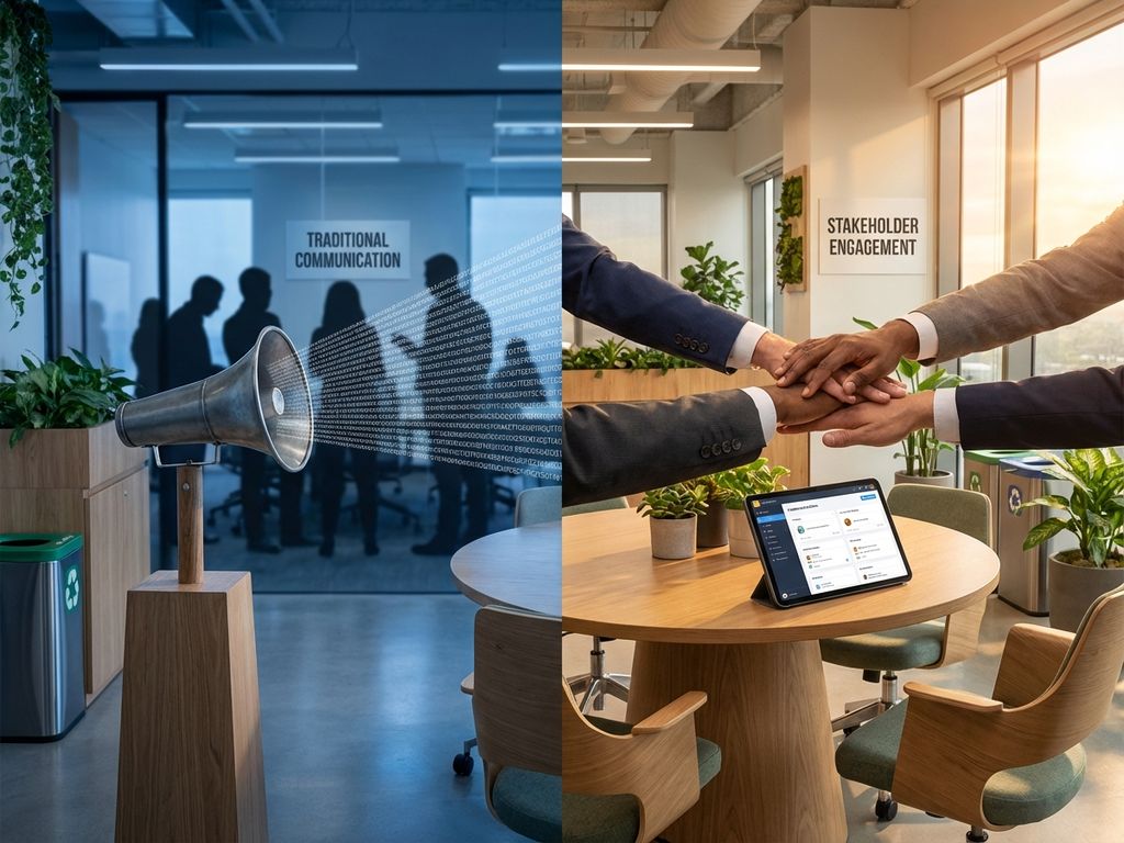 Split-screen showing traditional one-way business communication with megaphone versus collaborative stakeholder engagement around conference table