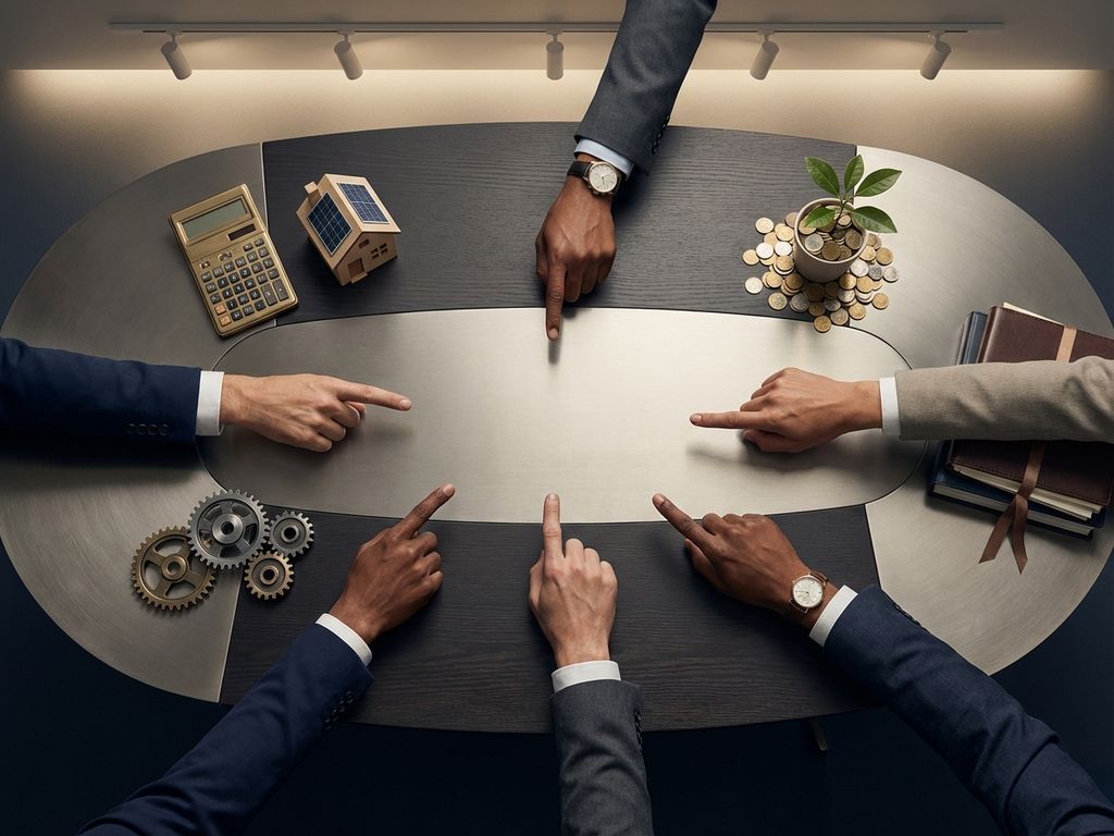Diverse hands pointing toward center of conference table surrounded by business symbols including calculator, house model, gears, and documents representing stakeholder collaboration.
