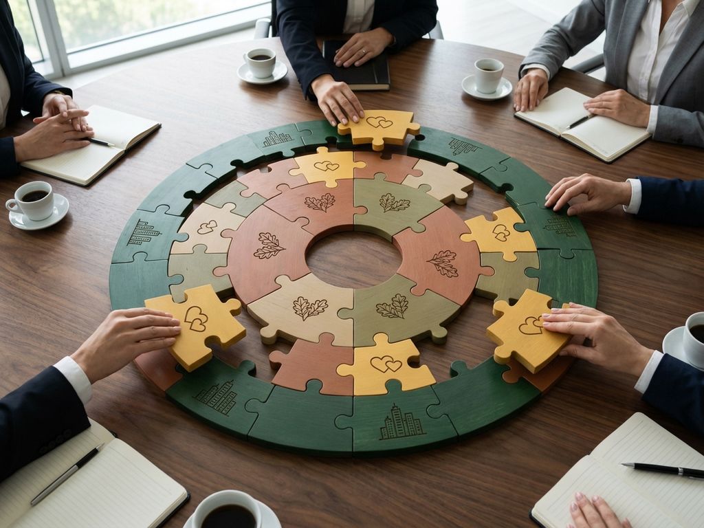 Wooden conference table with interconnected puzzle pieces in green and gold representing different business stakeholders being strategically placed by hands.