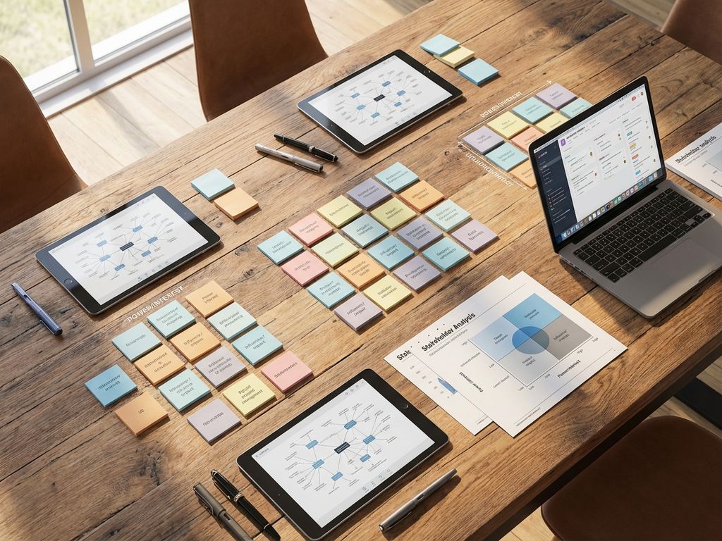 Modern wooden conference table with stakeholder management tools: tablets, sticky notes, laptop, analysis charts, and pens.