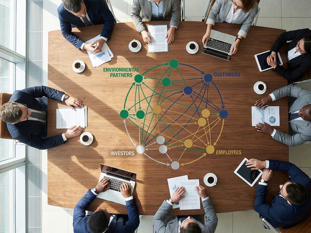 Business professionals' hands around wooden conference table with colorful stakeholder relationship diagram showing partners, customers, employees, and investors
