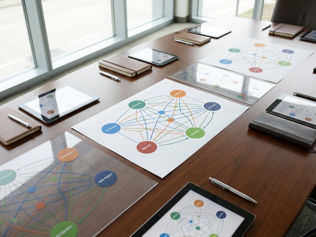 Network diagrams with colorful nodes and connecting lines spread across wooden conference table with tablets and notebooks