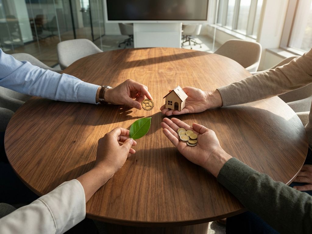 Diverse hands reaching toward center of conference table, each holding symbolic objects: gear, leaf, house, and coins representing different stakeholders.