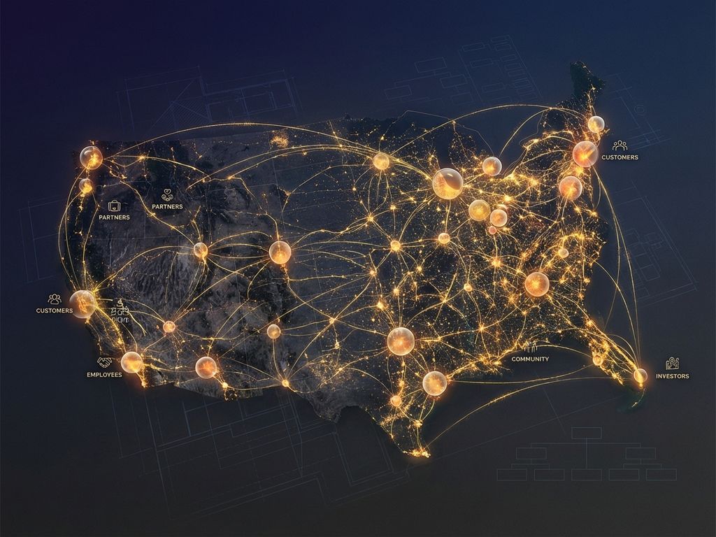 Aerial view of golden thread network with glowing spheres at intersections on dark gradient background representing business stakeholders.