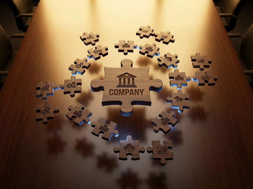 Wooden puzzle pieces with stakeholder symbols floating above conference table, some glowing blue to show business connections