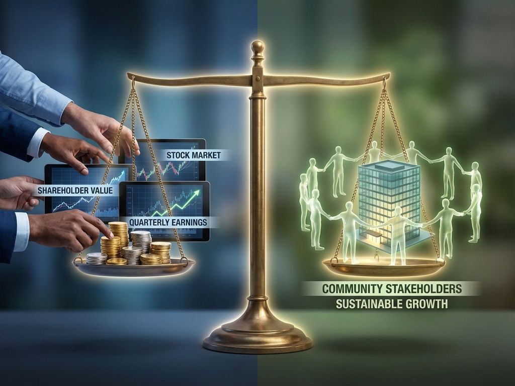 Golden balance scale weighing shareholder profits against stakeholder community interests in split business scene