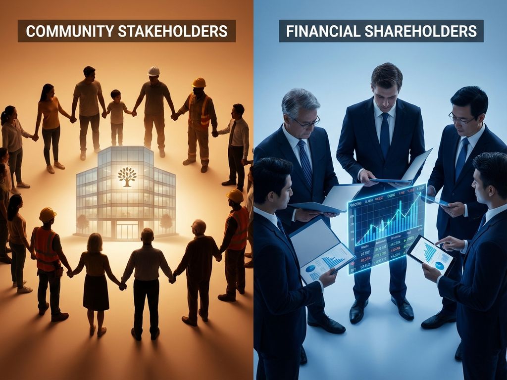 Split-screen showing diverse stakeholders around glowing building versus suited shareholders with financial charts and ticker display.