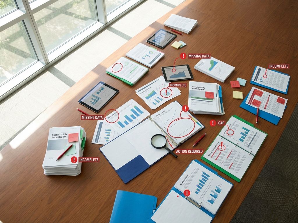 Aerial view of corporate boardroom with sustainability audit documents showing data gaps highlighted by red warning indicators and magnifying glass.