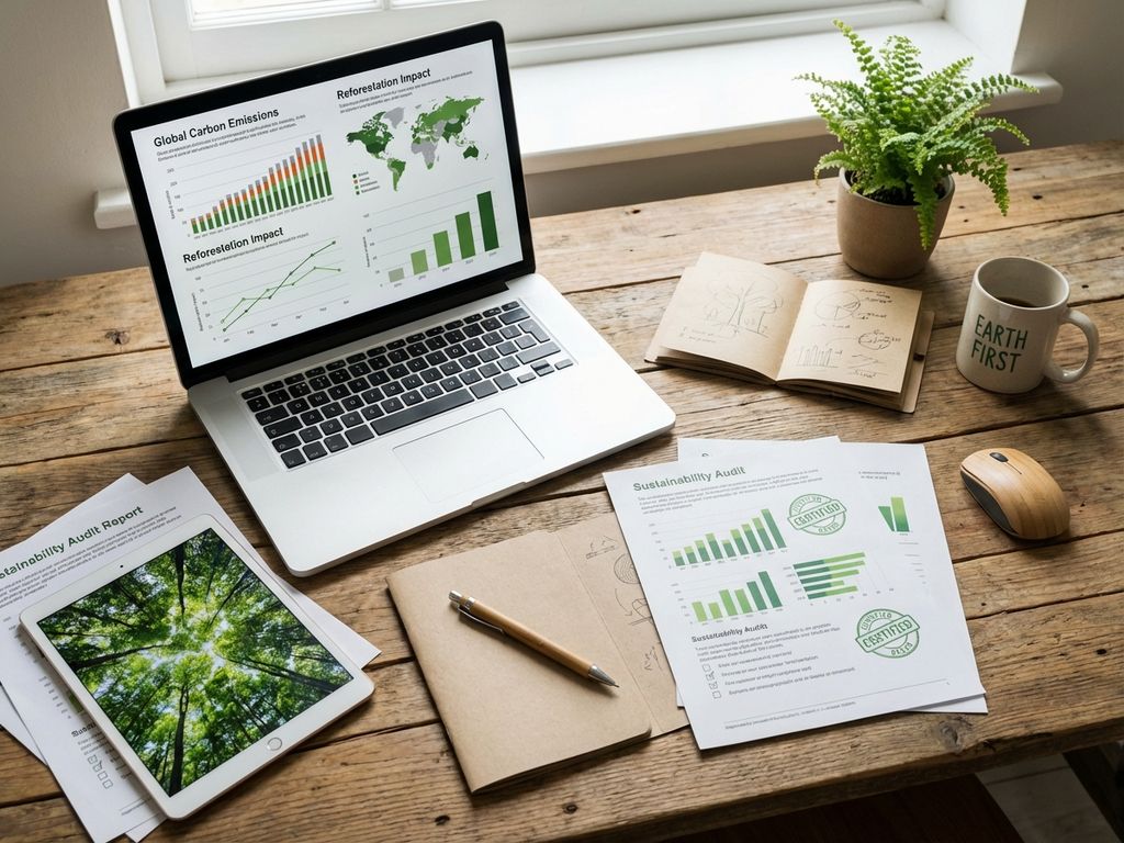 Modern office desk with laptop showing environmental data charts, sustainability audit documents, tablet displaying forest image, and eco-friendly supplies