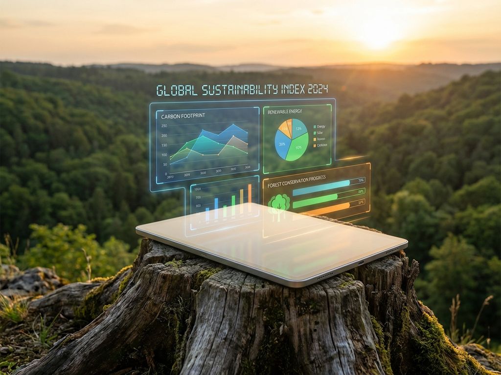 Digital dashboard with environmental data charts and graphs floating above tablet on wooden surface with green forest background
