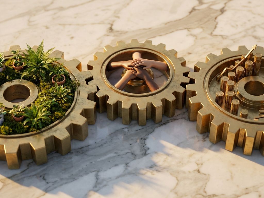 Three interlocking golden gears on marble surface representing sustainability, social responsibility, and profit