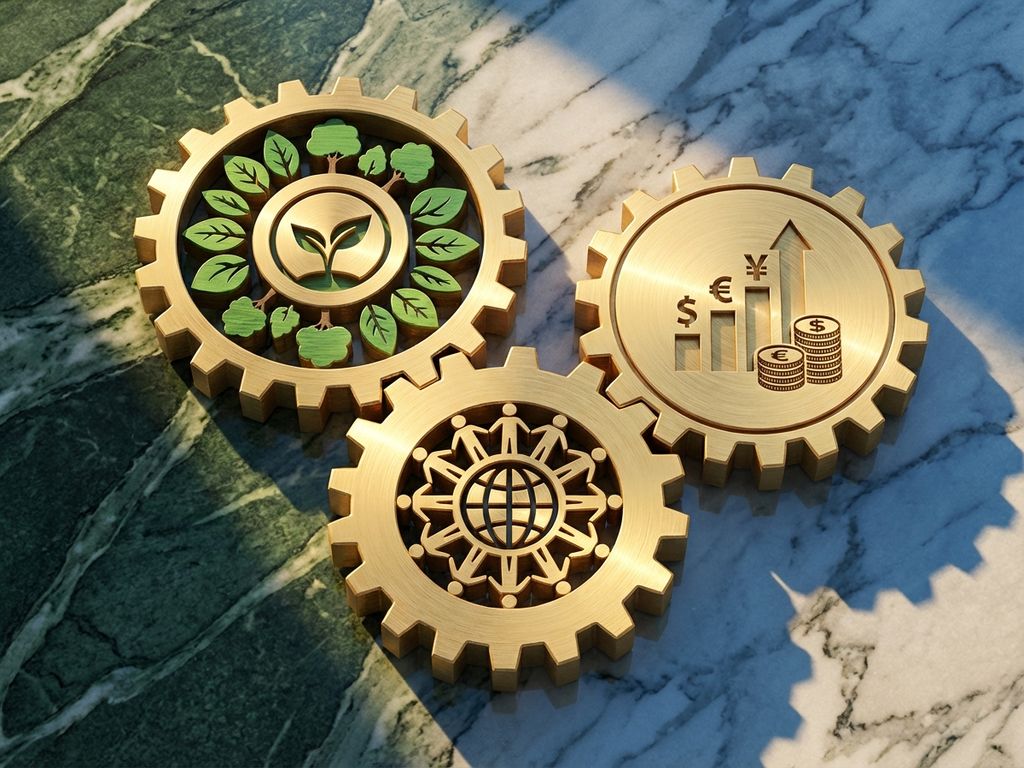 Three golden interlocking gears on marble surface representing sustainability, social responsibility, and economic growth.
