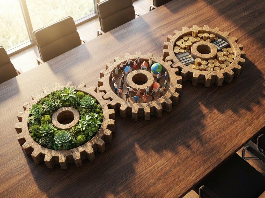Three interlocking wooden gears on conference table representing sustainability, social responsibility, and profit.