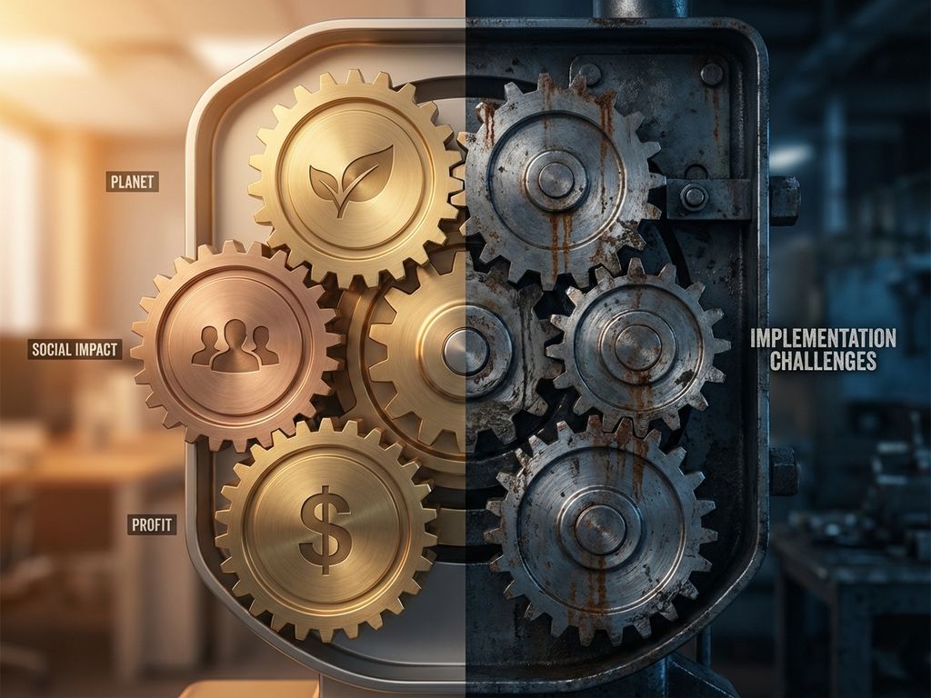Split-screen showing three interconnected gears with sustainability symbols: smooth functioning gears versus rusty misaligned ones.
