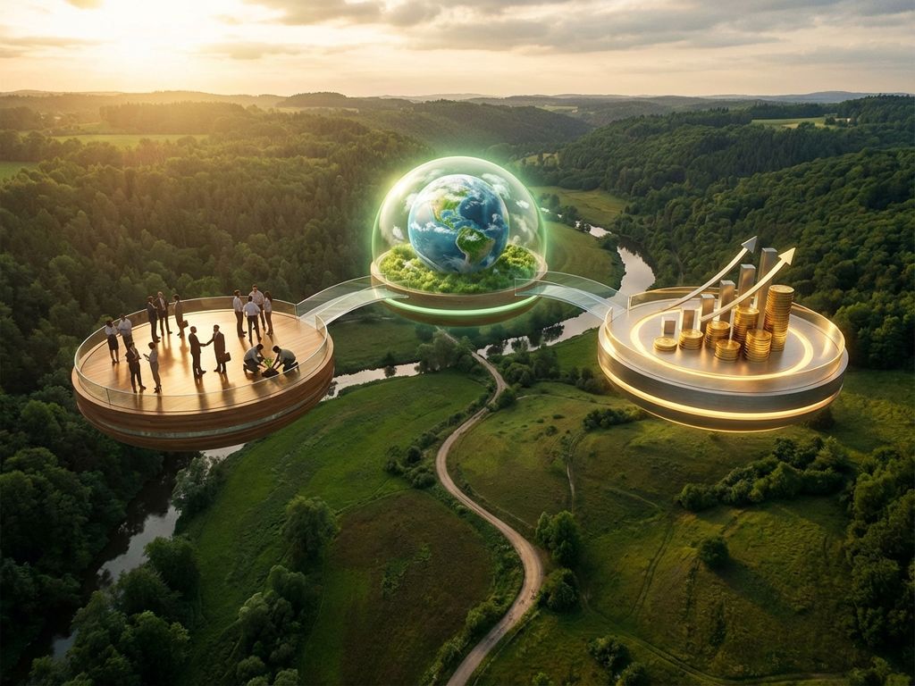 Three circular platforms floating above landscape showing people collaborating, green Earth, and financial growth charts connected by winding path below.