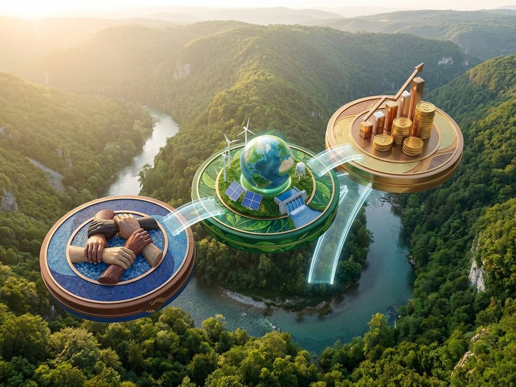 Aerial view of three circular platforms representing sustainability pillars: diverse hands in unity, green Earth with renewable energy, and golden growth charts connected by bridges.