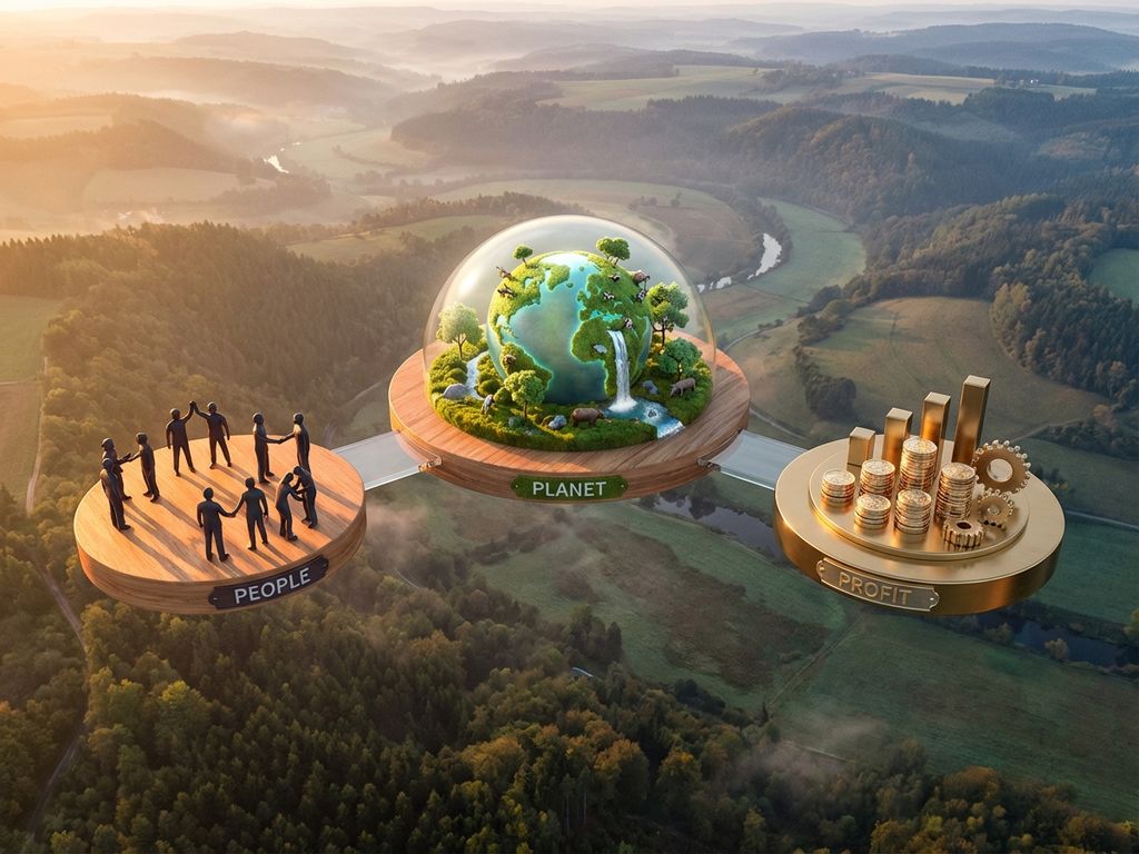 Aerial view of three circular platforms representing sustainability pillars: people collaborating, green Earth, and profit growth charts