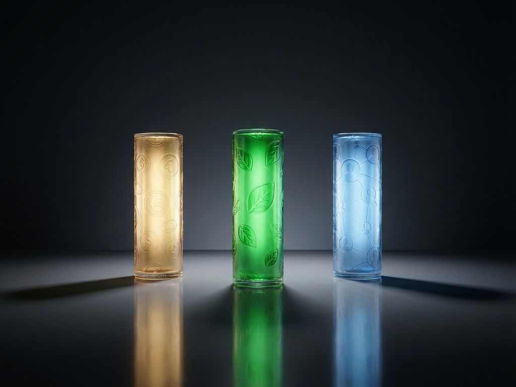 Three glowing pillars representing profit, planet, and people in sustainable business practices against dark background