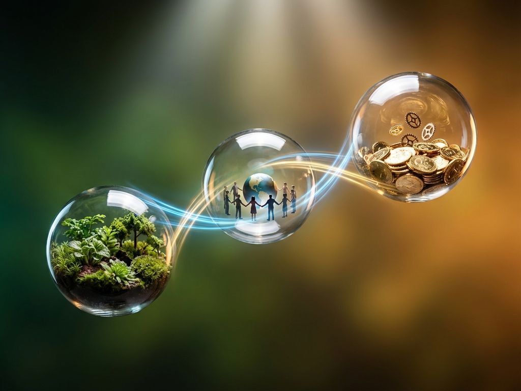 Three interconnected glass spheres with green foliage, human figures, and golden coins representing sustainability balance.