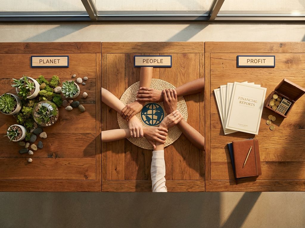 Overhead view of wooden conference table with three sections: green plants for Planet, diverse hands joining for People, and financial documents for Profit representing sustainable business values.