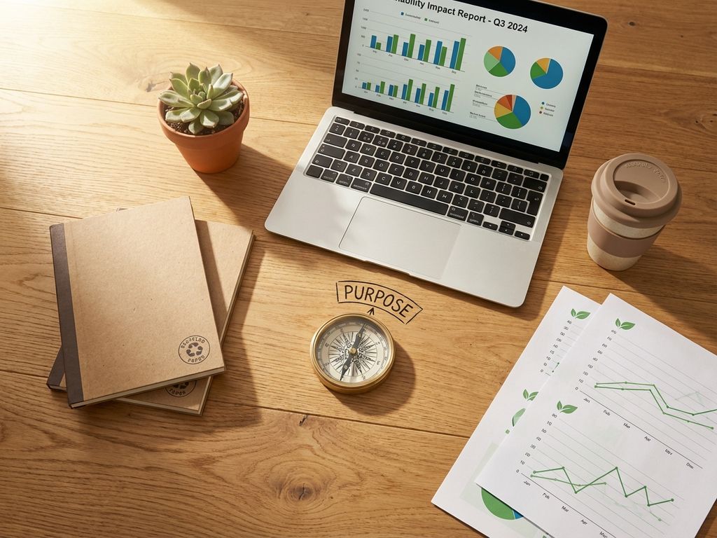 Overhead view of wooden desk with laptop showing sustainability charts, eco-friendly office supplies, and compass pointing to PURPOSE.