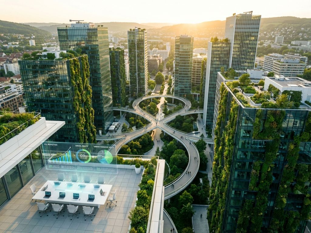 Aerial view of sustainable business district with green buildings, rooftop gardens, and holographic growth charts on conference table.