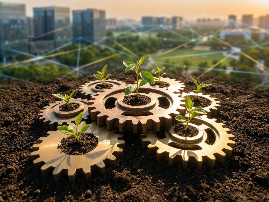 Golden gears with green plant sprouts emerging from soil in aerial view, symbolizing sustainable business growth and transformation.
