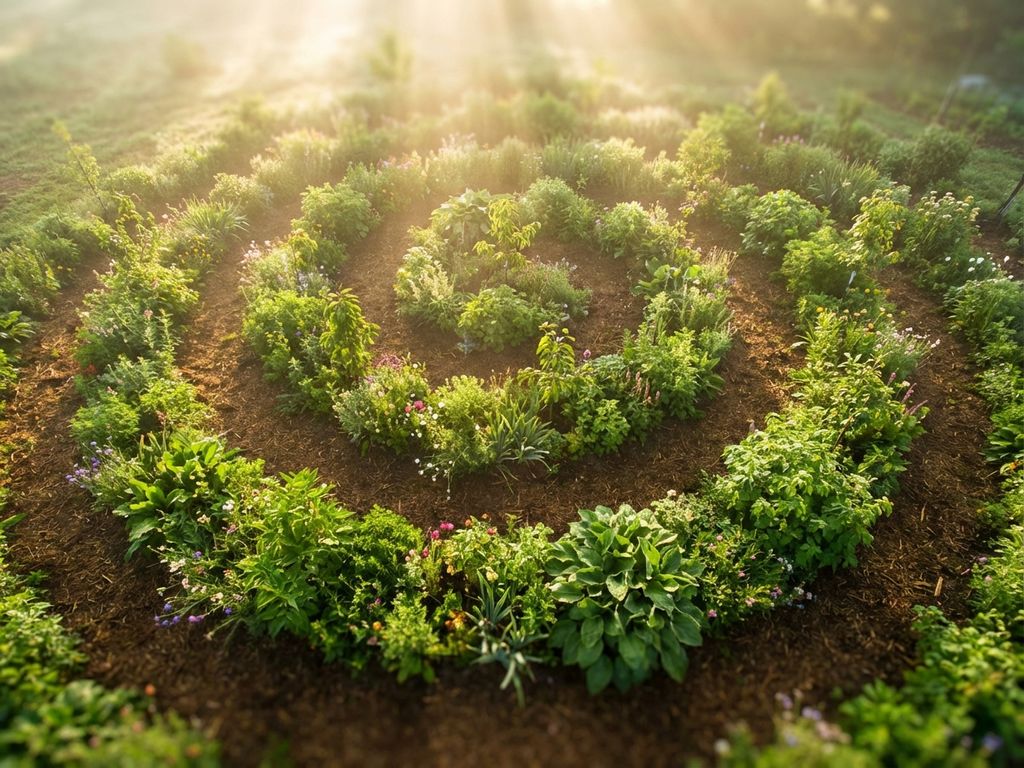 Aerial view of thriving green ecosystem with plants and trees growing in spiral pattern from rich soil in golden sunlight.