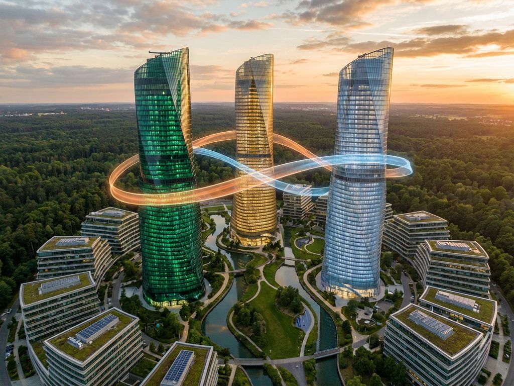 Three glowing glass pillars representing sustainability, economic growth, and social responsibility rise from green landscape with modern buildings below.