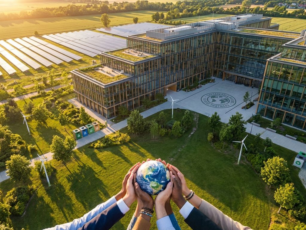 Diverse hands forming protective circle around Earth globe with modern glass office building, solar panels, and green gardens in background.
