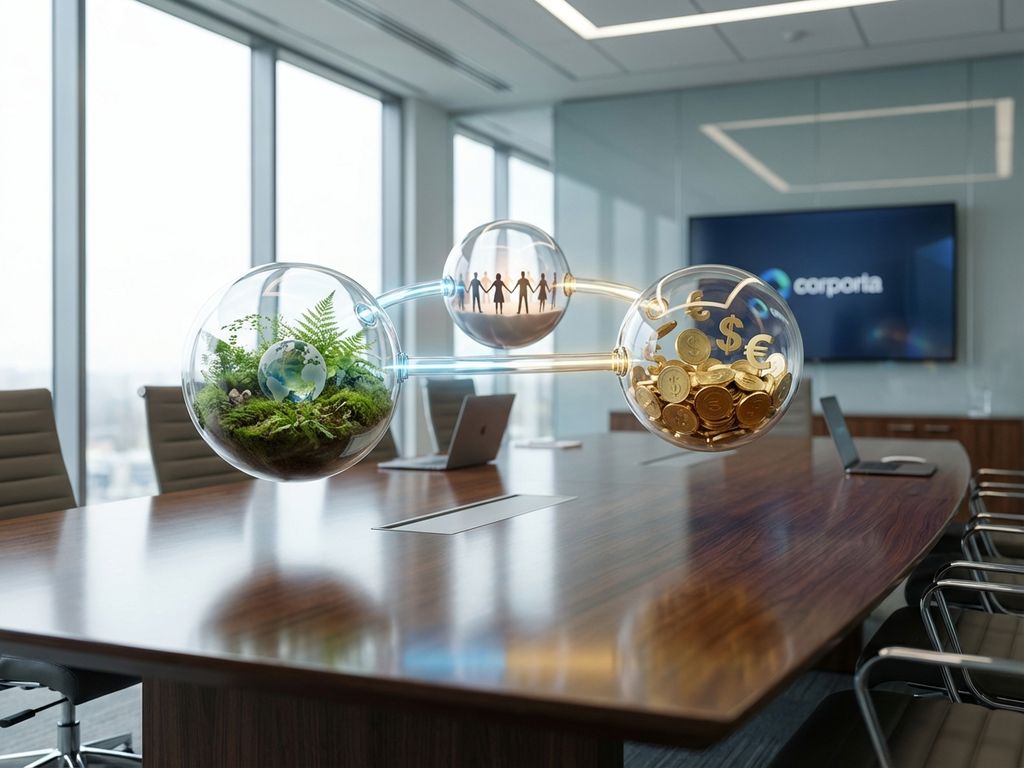 Three glass spheres floating above boardroom table containing plants, people silhouettes, and coins connected by energy streams.