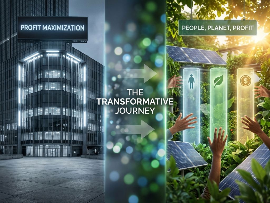 Split-screen showing traditional corporate skyscraper versus sustainable business model with three glowing pillars and greenery.
