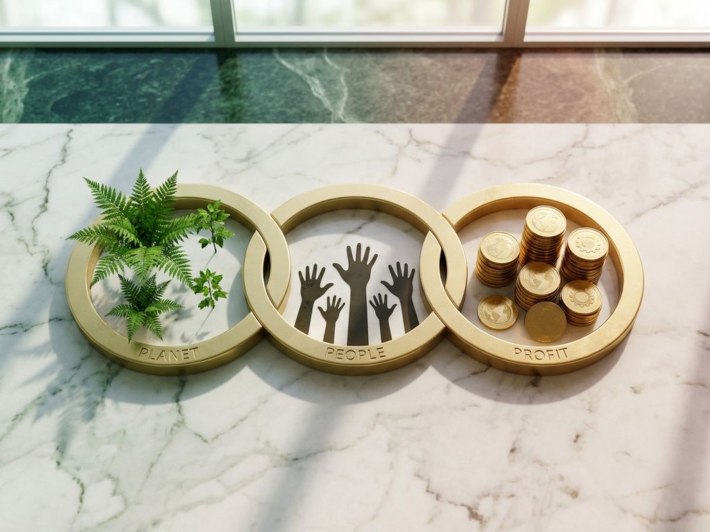 Three interlocking golden circles on marble showing green plants, diverse hands, and gold coins representing sustainable business.