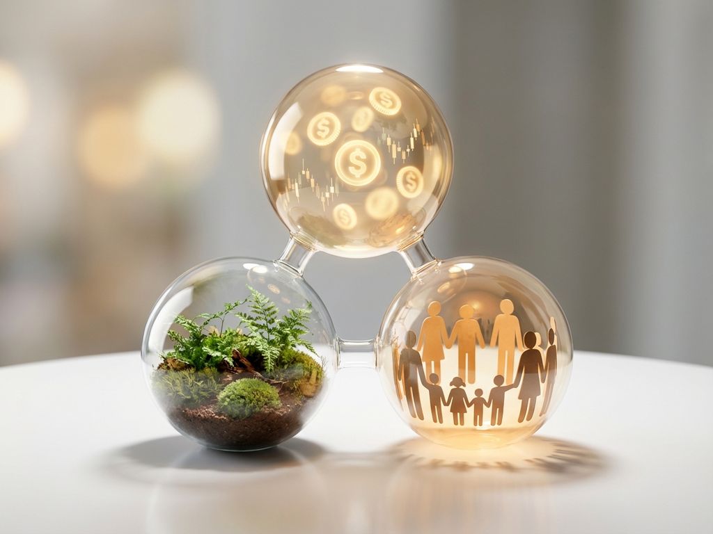 Three transparent interlocking spheres representing sustainable business: golden coins, green plants, and diverse people silhouettes.