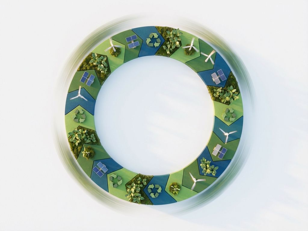 Circular pathway with interconnected green and blue segments featuring solar panels, wind turbines, and plants on white background.