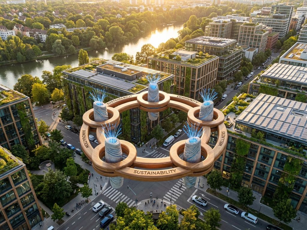 Aerial view of sustainable green city with solar panels, vertical gardens, and circular business diagram floating above urban landscape with river