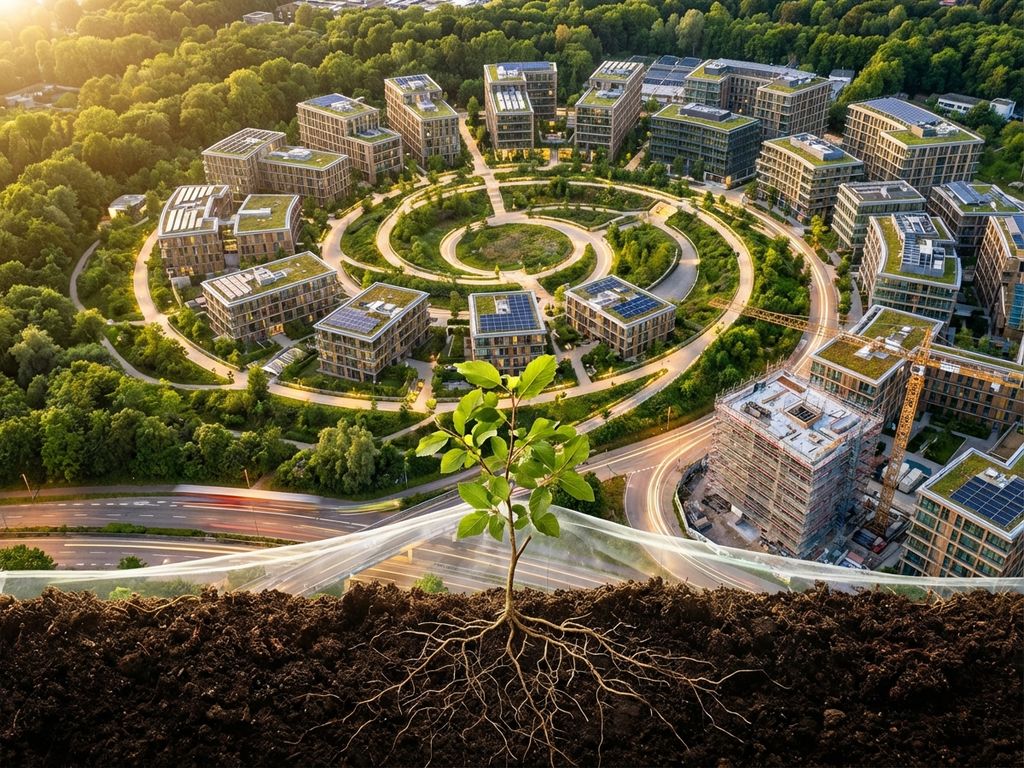 Aerial view of sustainable green city with solar panels and vertical gardens, young sapling growing in foreground during golden hour.