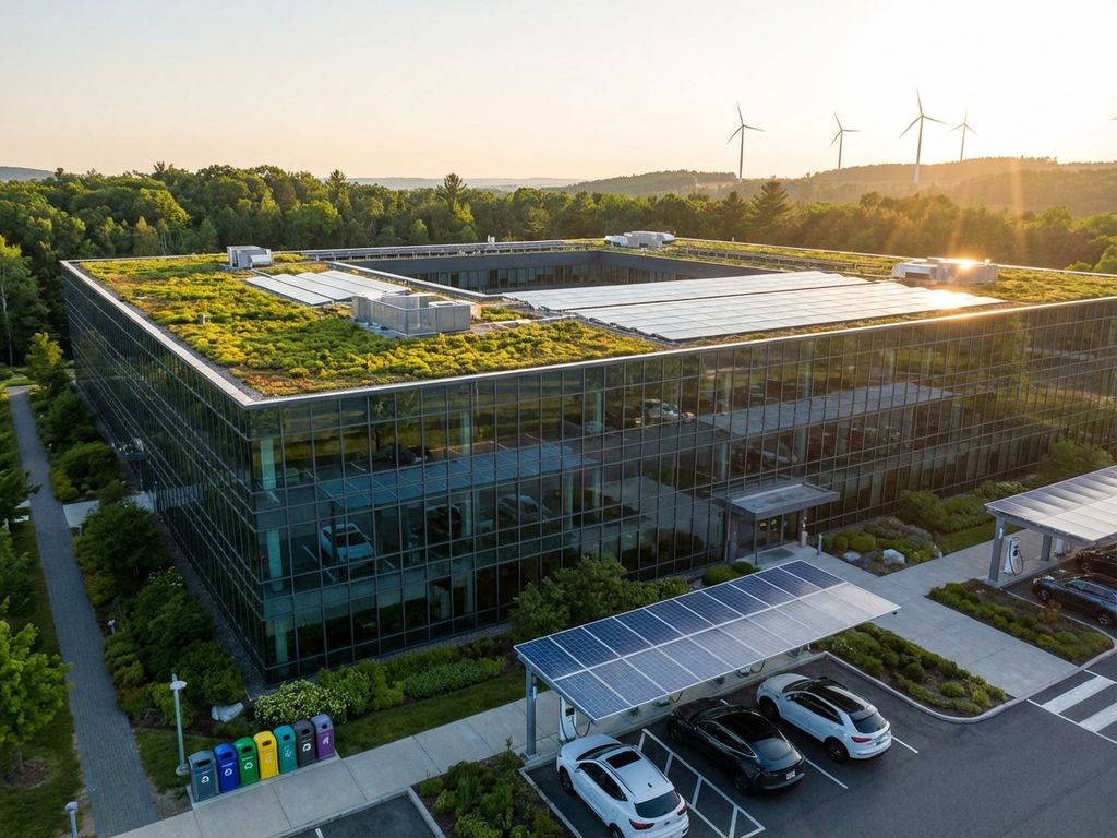 Modern corporate building with green roof garden, solar panels, and electric vehicle charging stations in sustainable business setting.